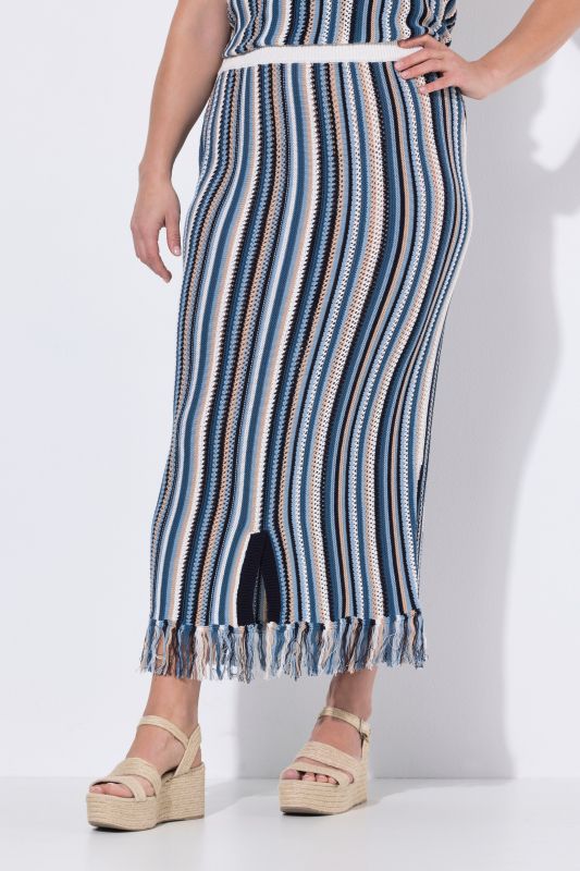 Jupe à rayures, maille ajourée, franges et taille élastique