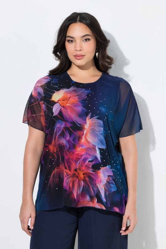 Blouse doublée à fleurs, décolleté rond et manches courtes, coupe évasée