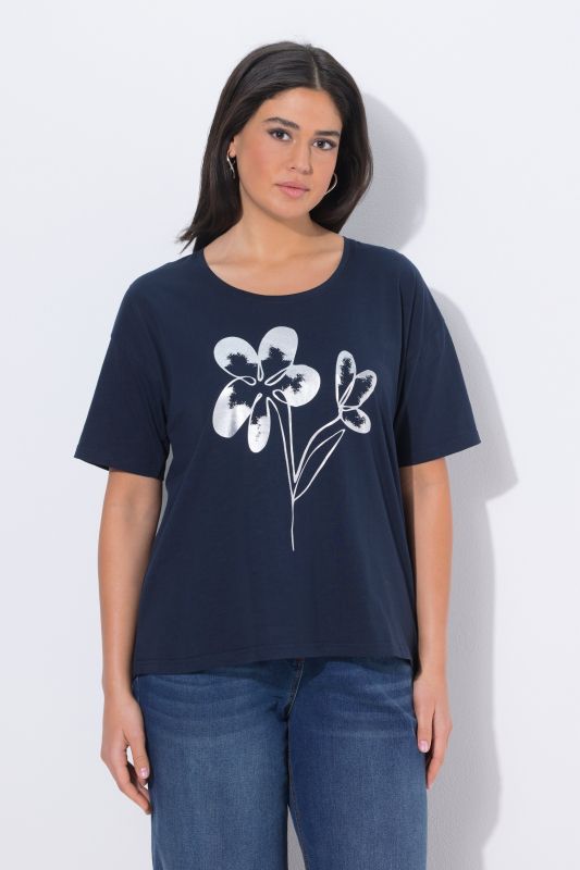 T-shirt oversize, motif fleur, décolleté en V et manches courtes
