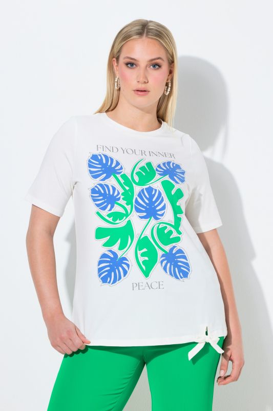T-shirt motif feuilles, cordon de serrage à la base, col rond et manches courtes