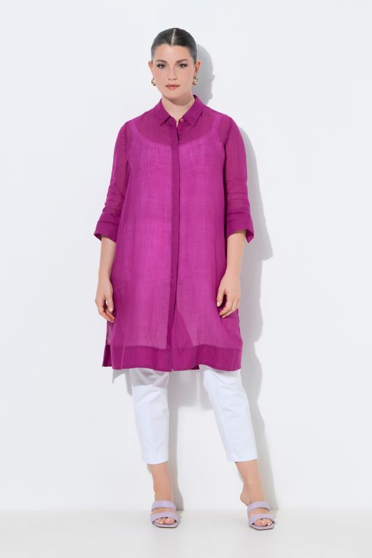 Chemisier long, tissu ramie, col chemise et manches&nbsp;3/4