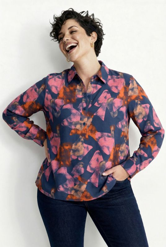 Tunique col montant et manches longues, imprimé graphique, coupe évasée