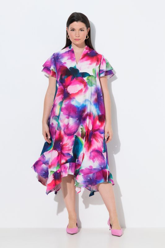 Robe midi à manches courtes et col calice, motif fleurs esprit aquarelle, coupe évasée