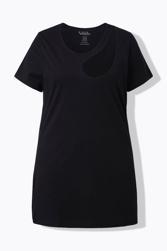 T-shirt long avec découpe, col rond et manches courtes, coupe évasée