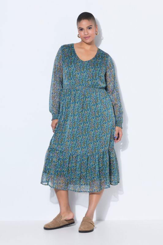 Robe maxi évasée agrémentée d'un imprimé avec du fil scintillant, volant à la base