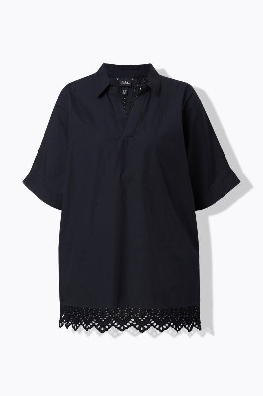 Blouse oversize. Broderies ajourées. Col chemise et manches courtes