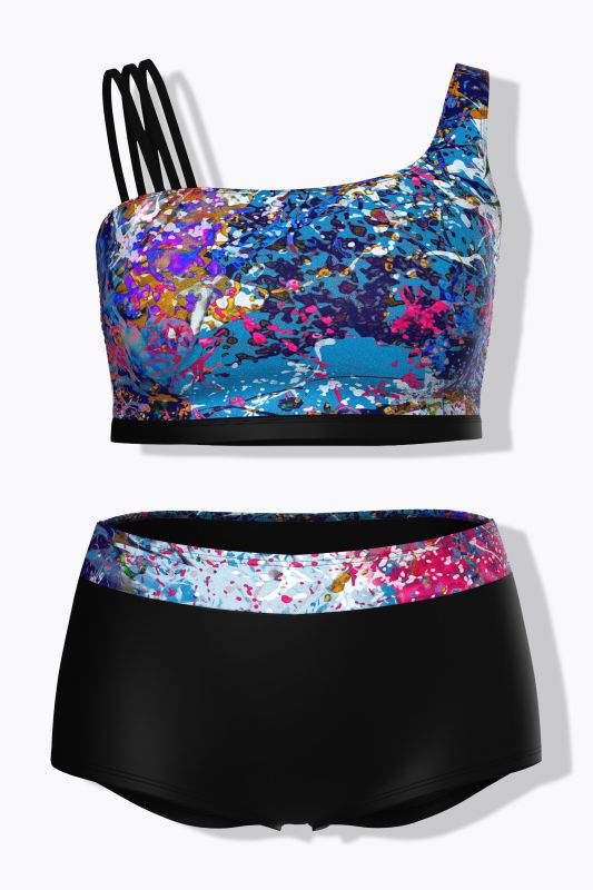 Bikini avec bonnets souples, imprimé scintillant, bretelle triple à droite