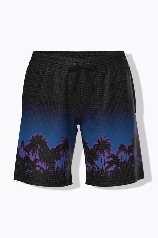 Short technique, jambe large et taille élastique, bordure motif palmiers