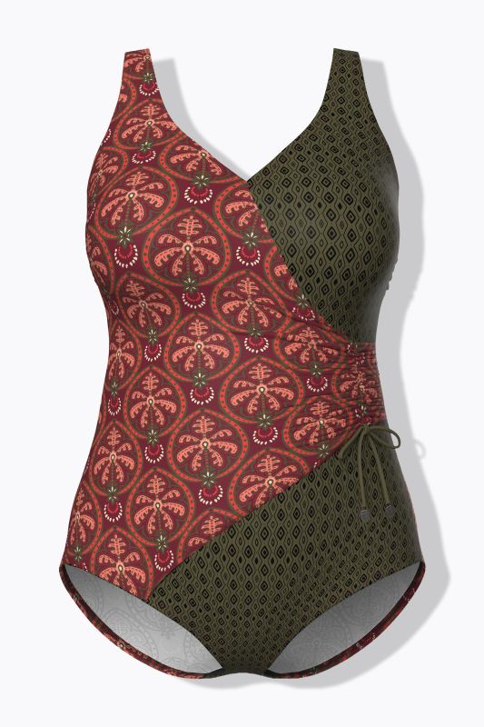 Maillot de bain à bonnets souples, motifs palmiers / losanges, esprit cache-cœur, matière recyclée