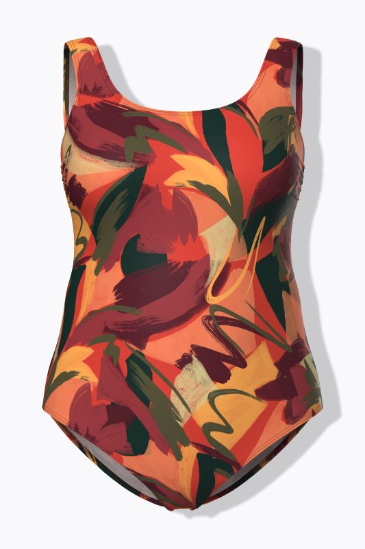 Maillot de bain sans bonnets souples, motif feuilles et décolleté rond