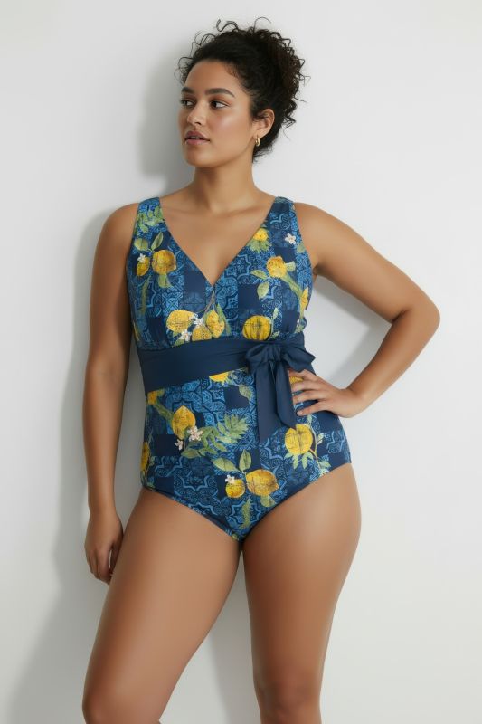 Maillot de bain motif citrons, bonnets souples et ruban à nouer, décolleté en forme de cœur