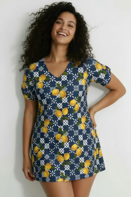 Robe de plage motif citrons, décolleté en V et manches courtes, coupe évasée