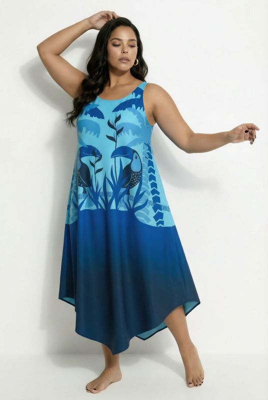 Robe midi sans manches, motif toucans, coupe évasée et décolleté rond