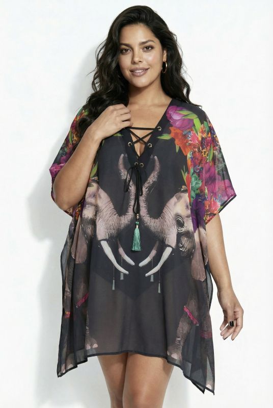 Tunique imprimé éléphants, décolleté en V et manches courtes, laçage