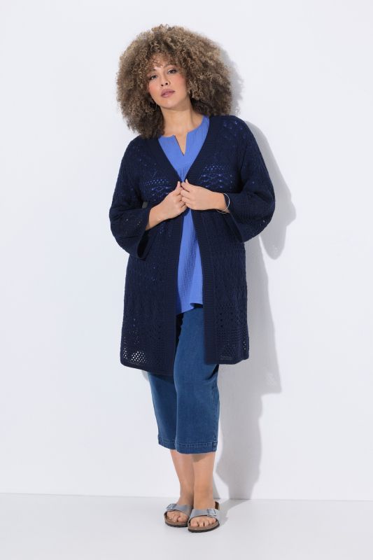 Cardigan long, coupe ouverte et maille ajourée, manches 3/4