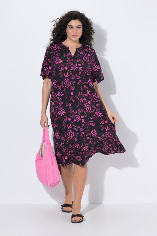 Robe midi motif créatures marines, manches cloche et col tunisien