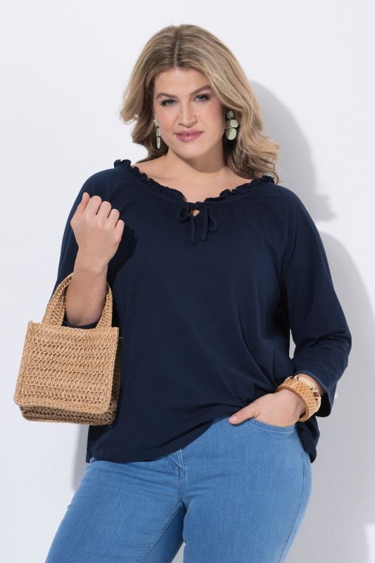 T-shirt en coton bio, encolure Carmen et manches 3/4