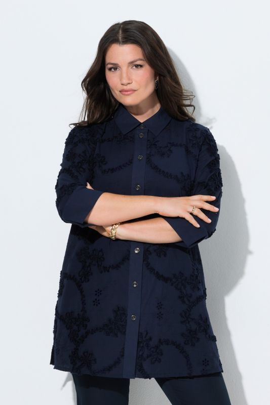 Chemisier long avec broderies, col chemise et manches 3/4