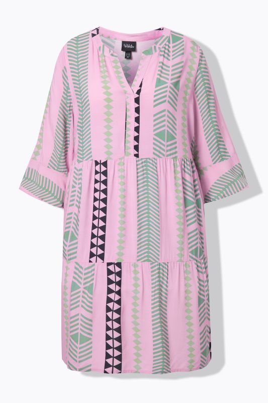 Robe imprimé graphique, col tunisien et manches 3/4