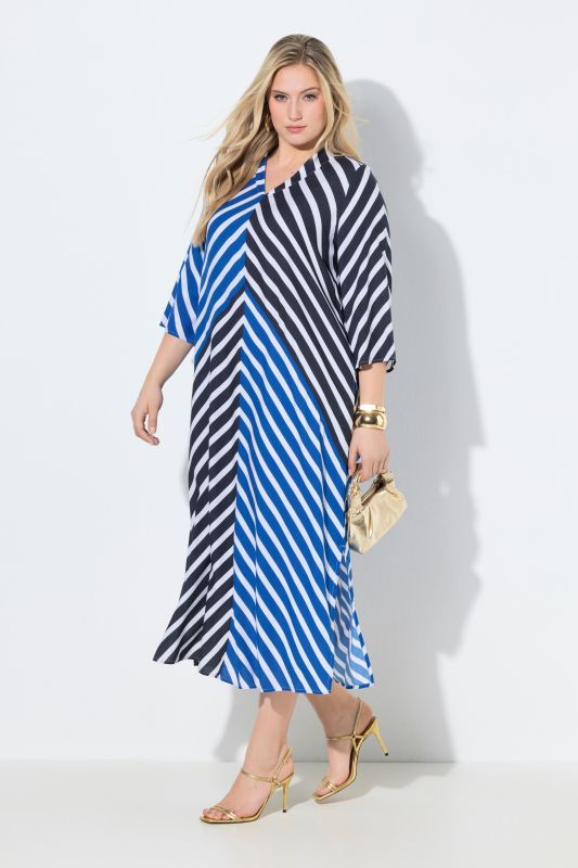 Robe-tunique maxi à rayures, col calice et manches 3/4 trompette