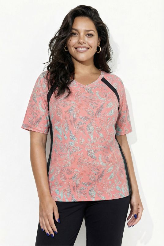 T-shirt en mesh imprimé feuilles, décolleté en V et manches courtes, matière recyclée