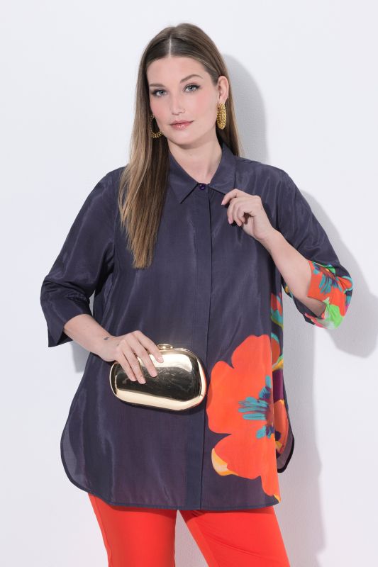 Chemisier motif à fleurs, col chemise et manches 3/4, coupe évasée