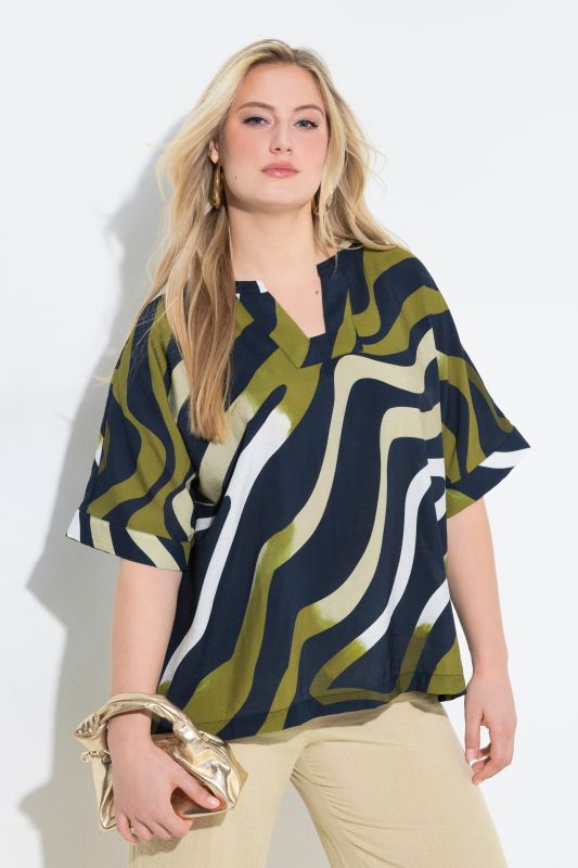 Blouse-tunique oversize, motif vagues, col rond/encolure carrée