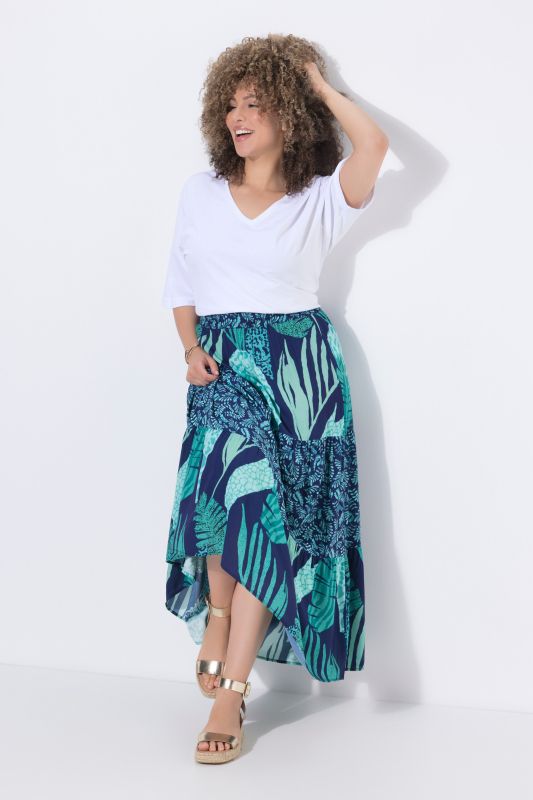 Jupe maxi motif feuilles, taille élastique et volants, coupe évasée