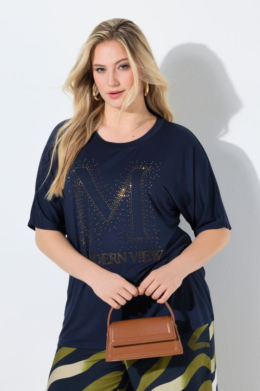 T-shirt oversize, décolleté rond et manches courtes, petits strass fantaisie