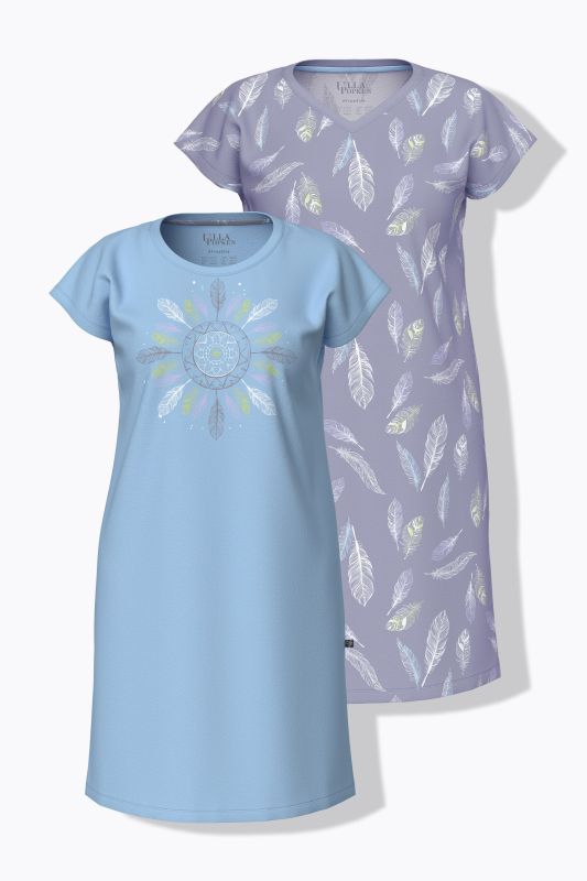 Lot de 2 chemises de nuit, motif plumes et manches courtes, décolleté en V / rond
