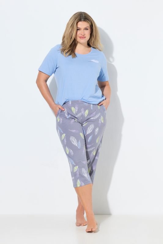 Pyjama motif plumes, décolleté rond et manches courtes