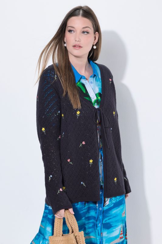 Cardigan encolure en V et manches longues, fleurs brodées