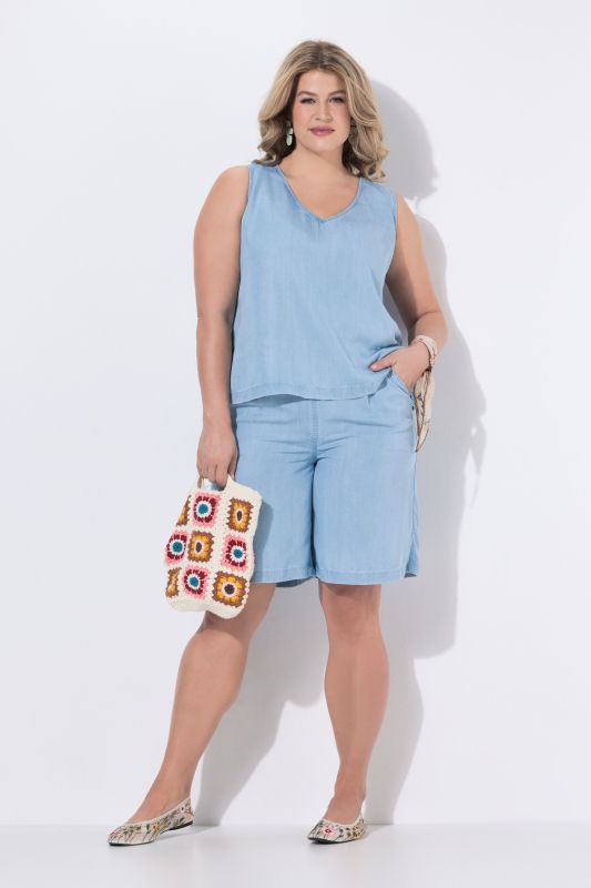 Bermuda en Lyocell aspect jean, jambe large et taille élastique