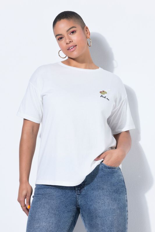 T-shirt oversize cropped, broderie olives