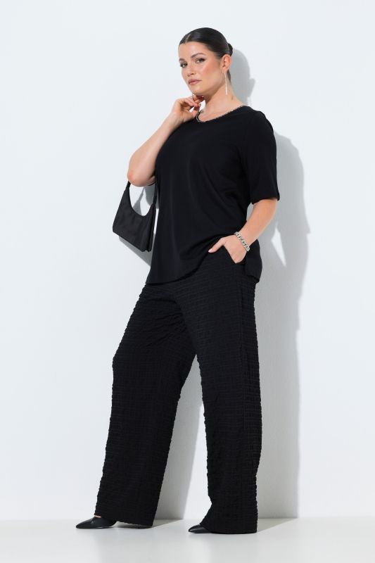 Pantalon texturé, taille élastique et jambe large