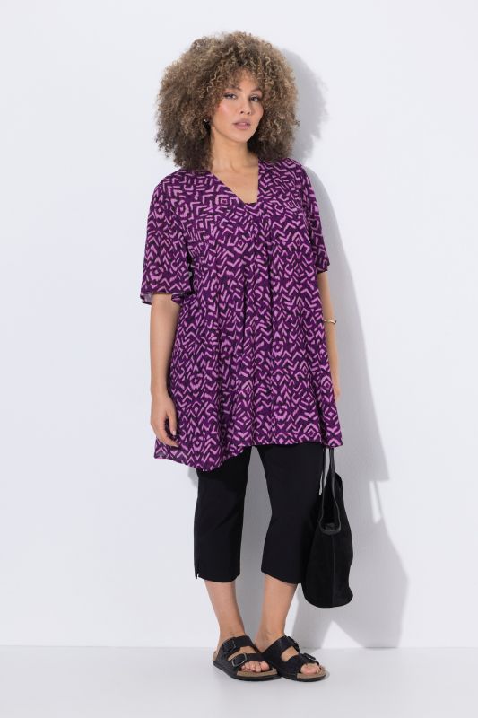 Blouse avec plis fantaisie, décolleté carré et manches courtes chauve-souris, coupe évasée