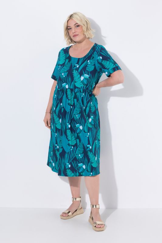 Robe midi en jersey, motif toucans, décolleté rond et manches courtes, coupe évasée