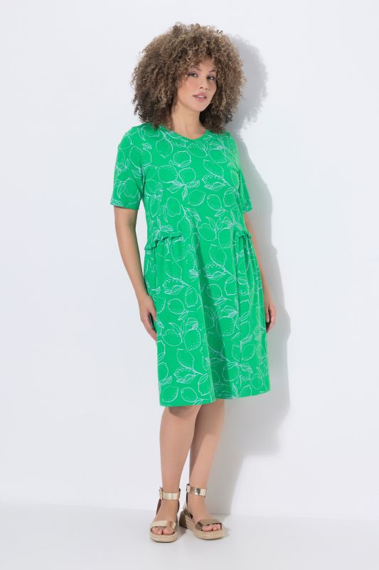 Robe en jersey motif citrons, décolleté en V et manches courtes, coupe évasée