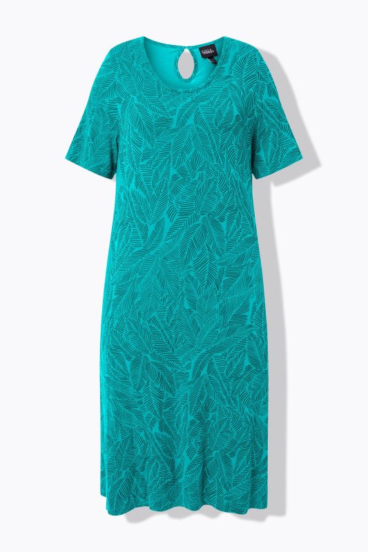Robe en jersey motif feuilles, décolleté rond et manches courtes, coupe évasée