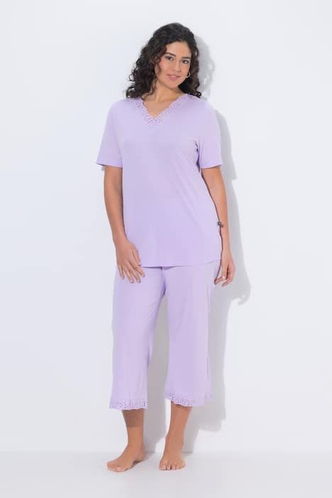 Pyjama en modal mélangé, T-shirt à manches courtes, broderie ajourée