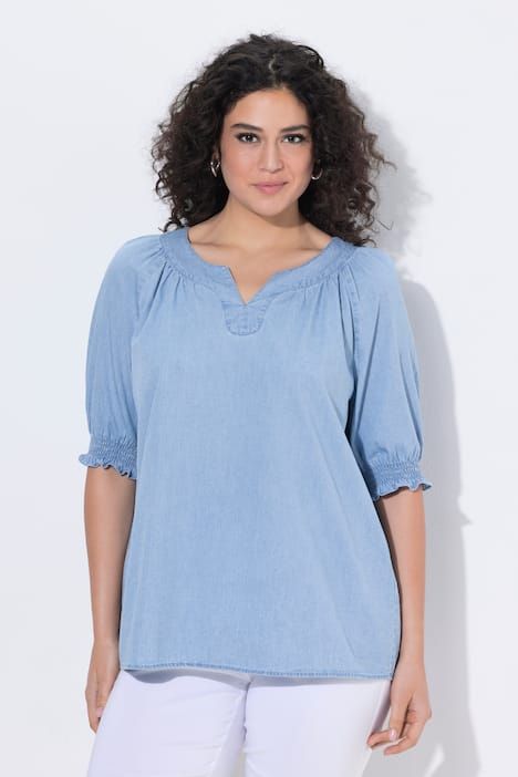 Blouse effet denim, col tunisien, manches mi-longues