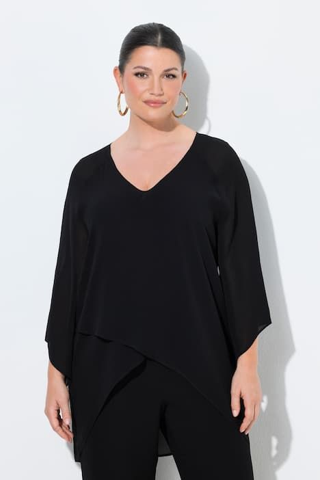 Blouse en chiffon, devant doublé, encolure en V, manches 3/4