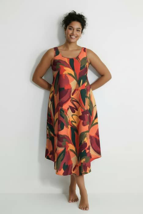 Robe midi sans manches, motif feuilles, décolleté rond et coupe évasée