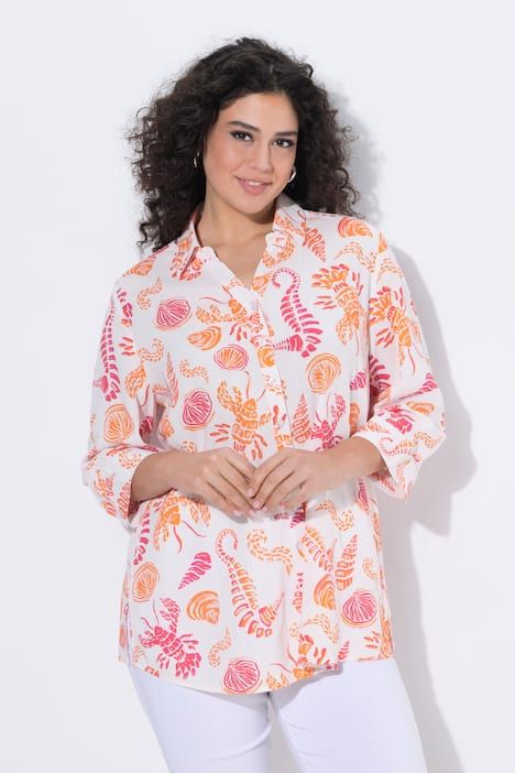Chemisier en lin mélangé, col chemise et manches 3/4
