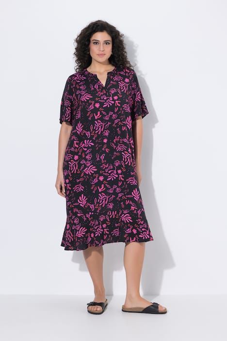 Robe midi motif créatures marines, manches cloche et col tunisien