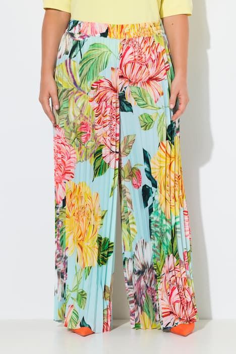 Pantalon plissé, motif floral, jambe large et taille élastique
