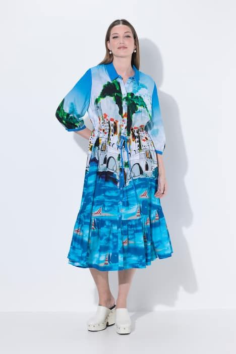 Robe midi motif vacances, manches 3/4 et col chemise, coupe évasée