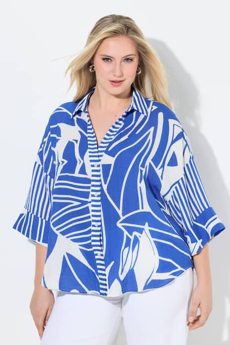 Chemisier oversize, motif floral, manches 3/4 et col chemise