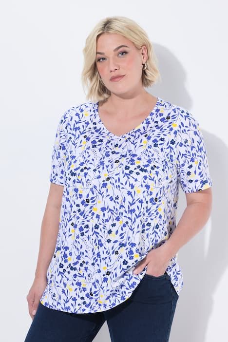 T-shirt motif floral et plis fantaisie, décolleté en V et manches courtes