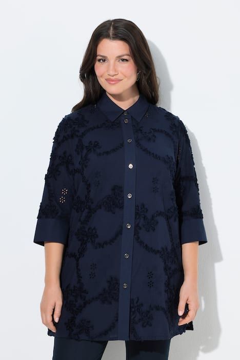 Chemisier long avec broderies, col chemise et manches 3/4